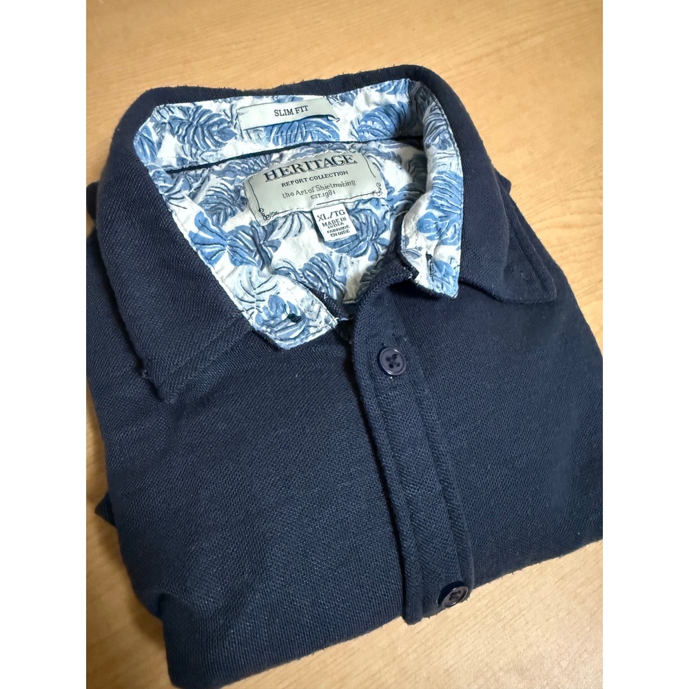 Heritage Report Collection Mens XL Slim Fit Navy Blue Pique Button Down Shirt